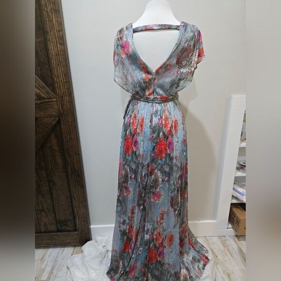 Eliza j metallic floral drape shoulder gown NWOT Size 2 Blue Multi-Color - Picture 4 of 6